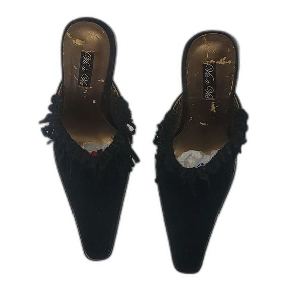 VINTAGE Vis a Vie Black Suede Fringe Mules Heels Bootie Square Toe Shoes Size 7 - Picture 7 of 11